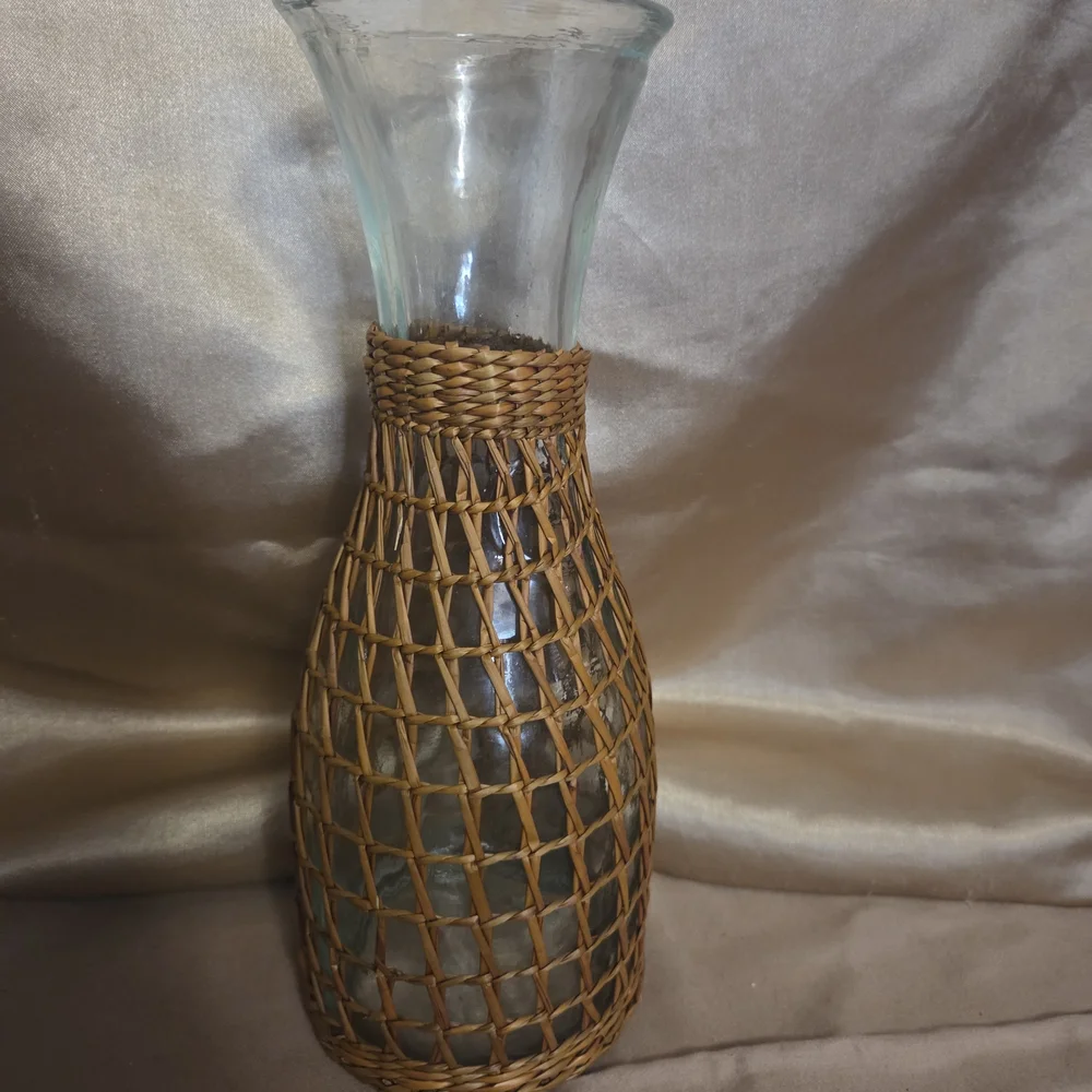Vintage Boho Rattan Wicker Wrapped Glass Carafe Vase 10